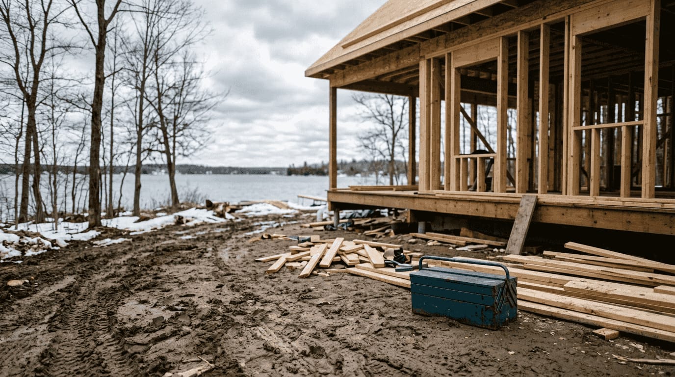 Cottage builders at a lakeside construction site on Georgian Bay