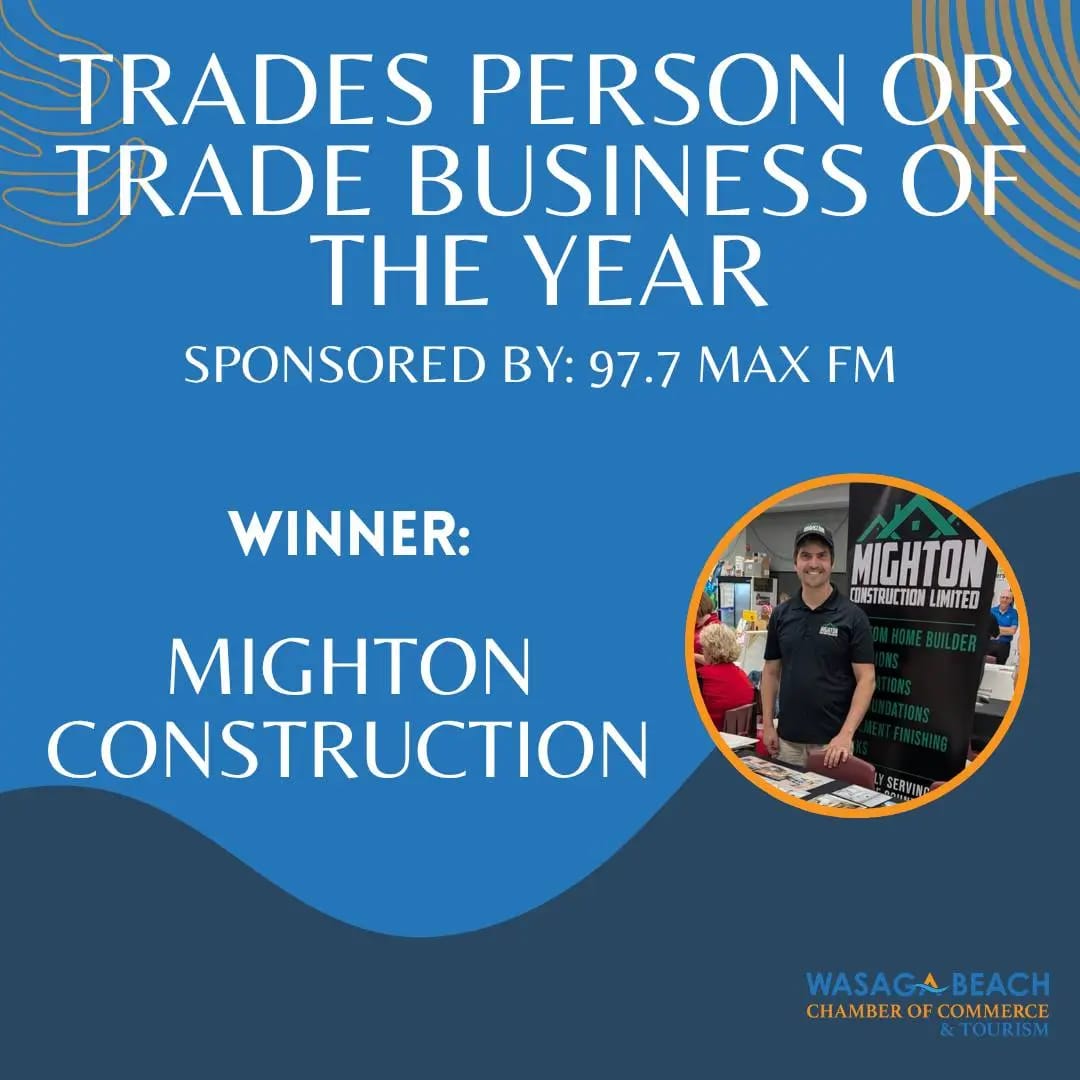 Mighton Construction receiving the 2025 Trades Business of the Year award from the Wasaga Beach Chamber of Commerce