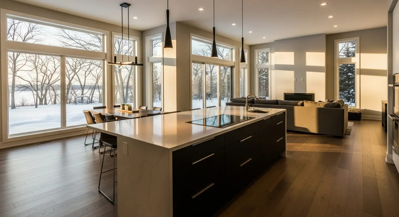 Open-concept renovated interior with large south-facing windows and contemporary kitchen