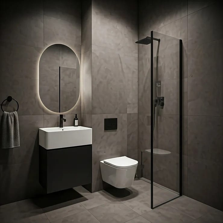 Renovated bathroom with modern fixtures and custom tile