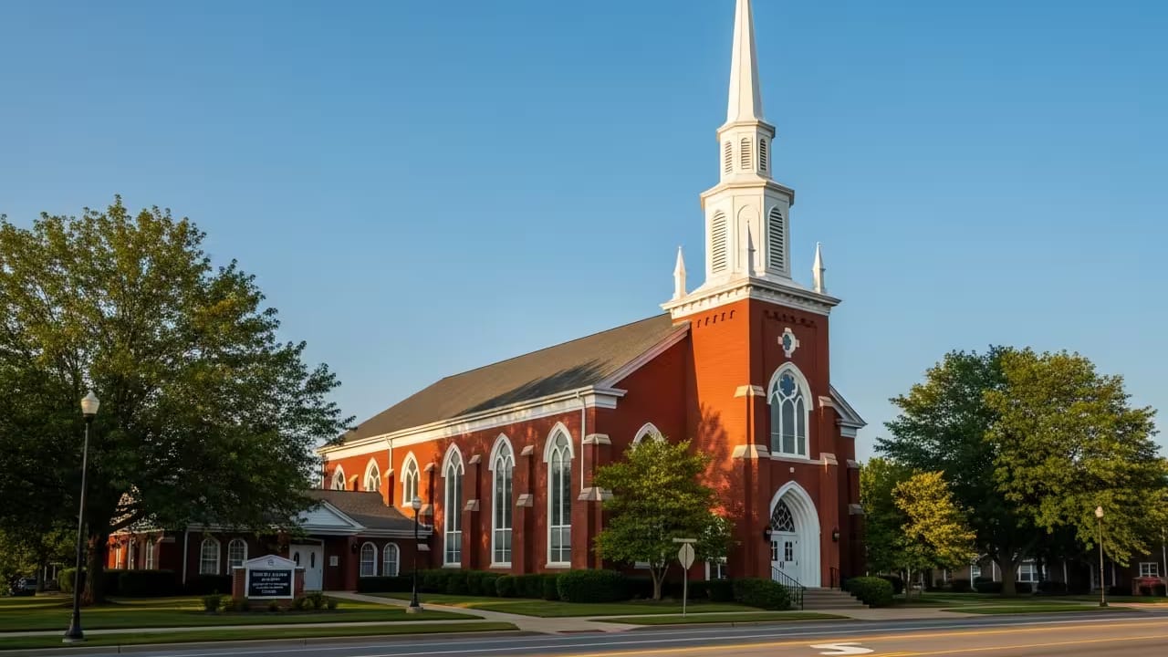 Church exterior with steeple — church construction by Mighton Construction