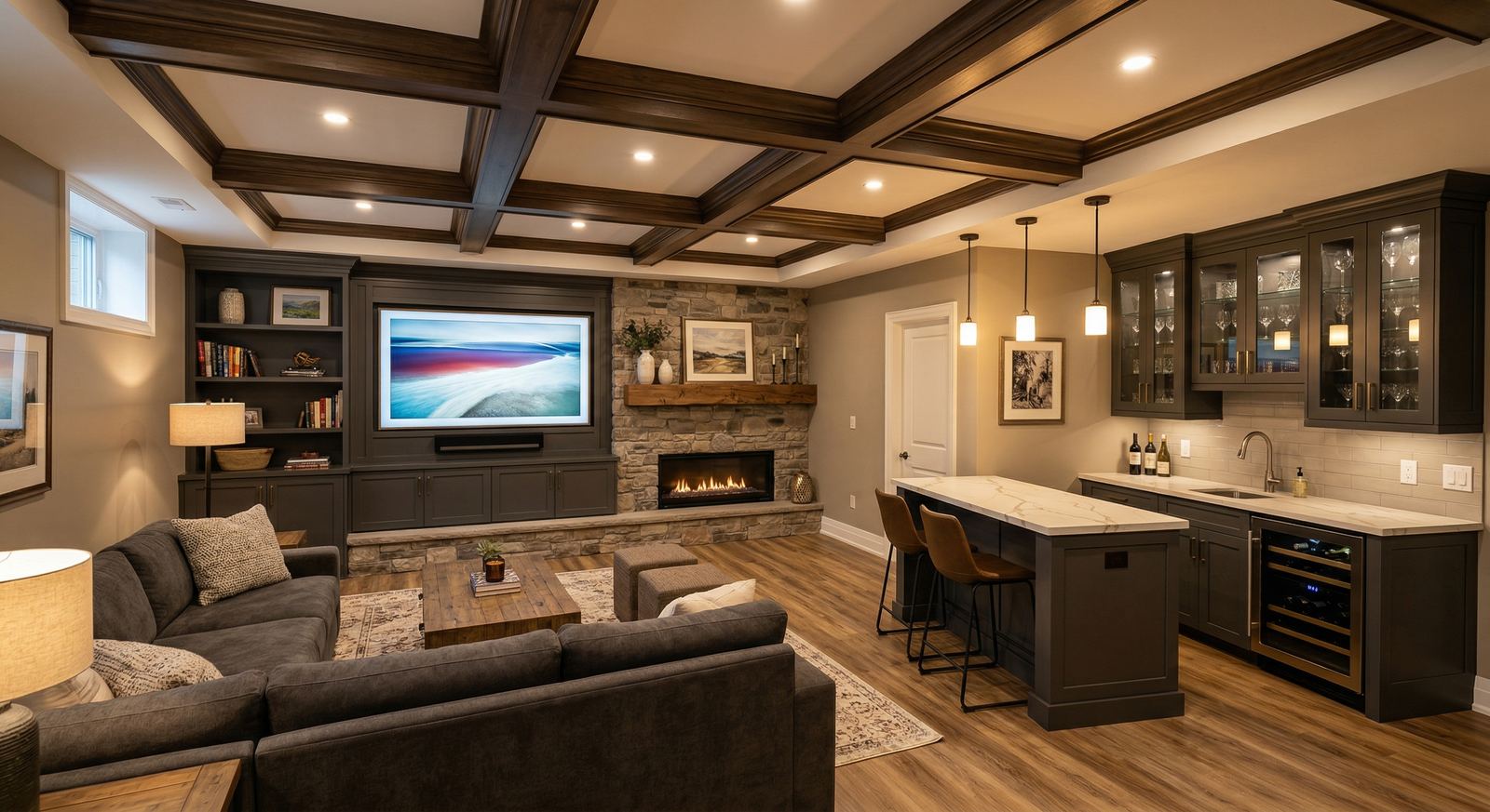 Finished basement recreation room with bar by Mighton Construction in Wasaga Beach