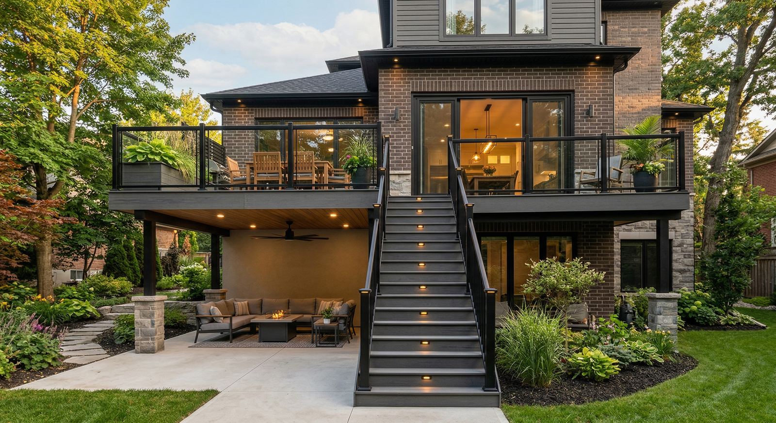 Custom-built entertaining deck with outdoor recreation space in Collingwood by Mighton Construction