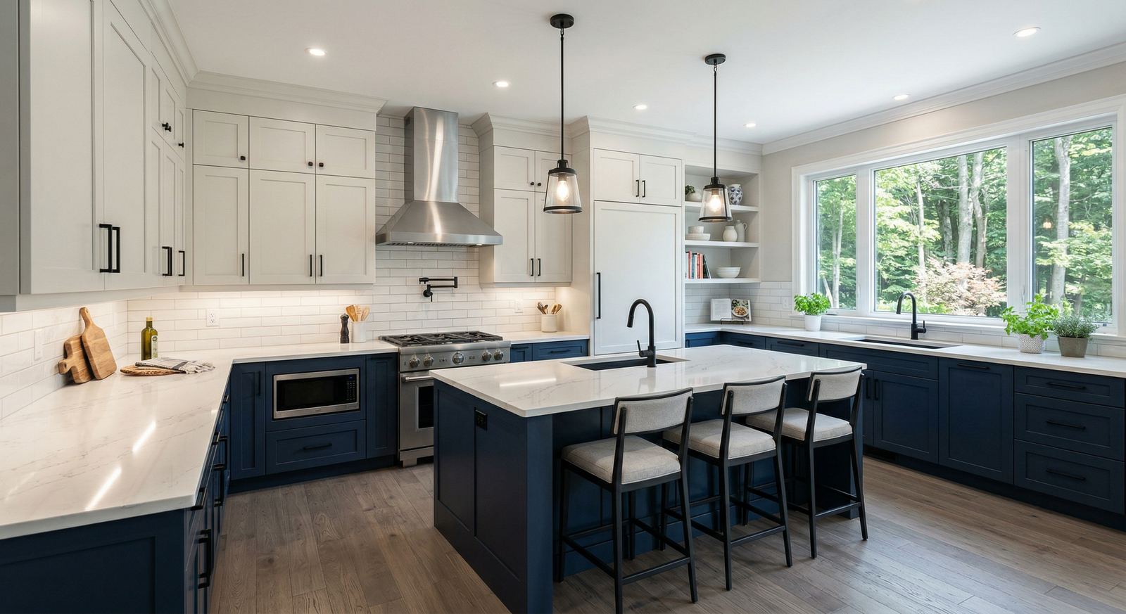 Two-tone navy and white shaker kitchen renovation in Wasaga Beach by Mighton Construction