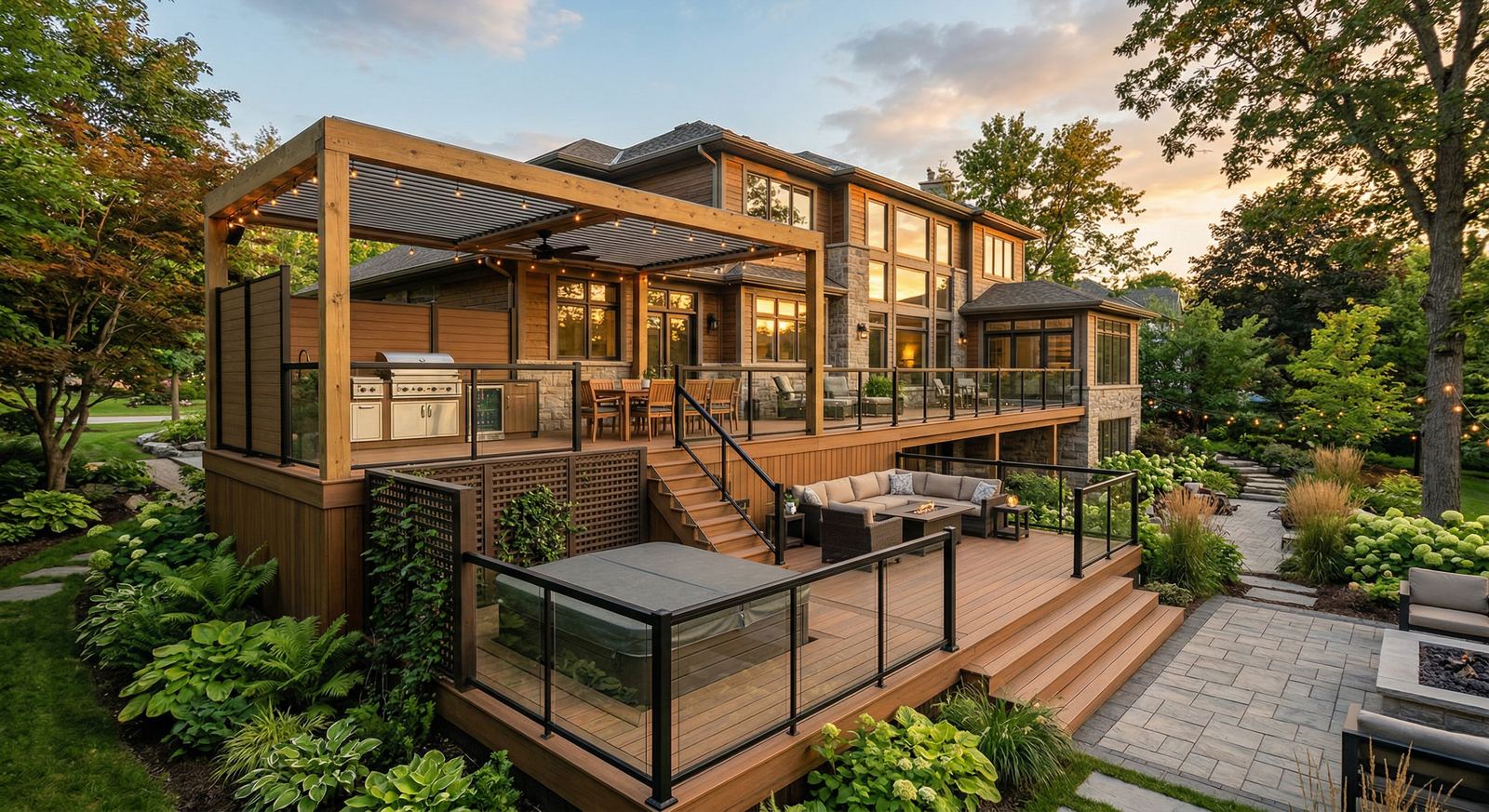 Multi-level composite deck with outdoor kitchen by Mighton Construction