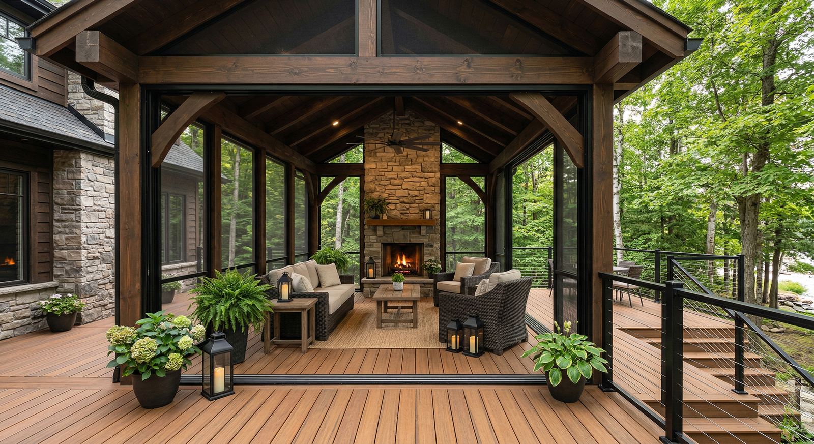 Covered outdoor living space with timber frame and stone fireplace by Mighton Construction