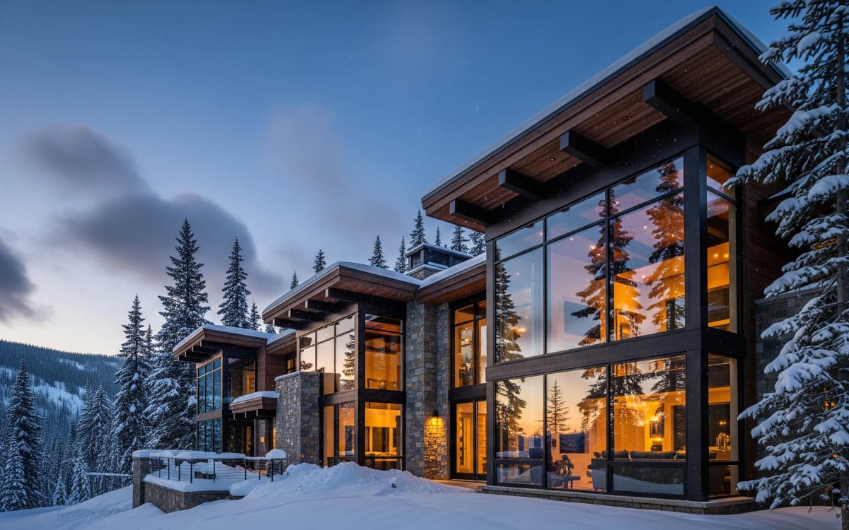 Modern glass chalet near Blue Mountain in winter