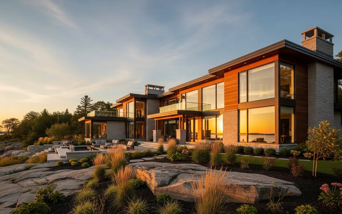 Modern waterfront custom home on Georgian Bay at sunset by Mighton Construction