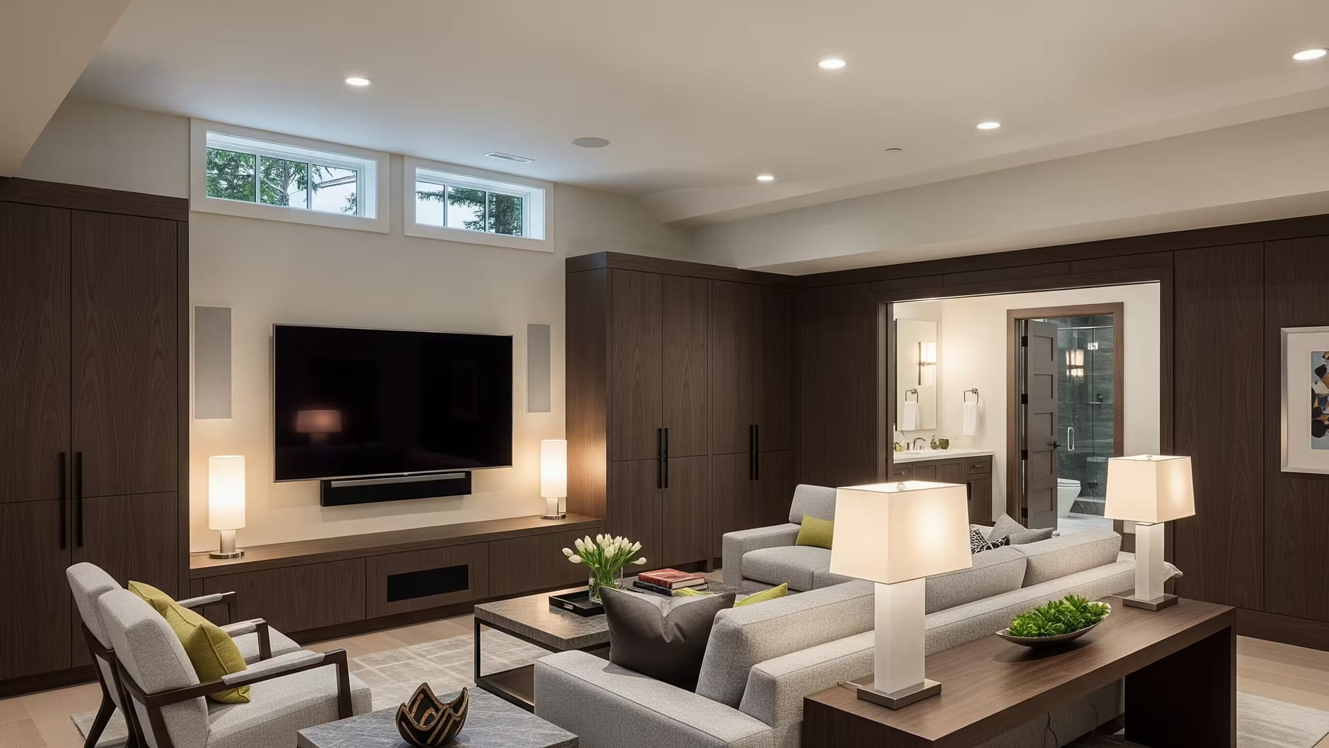 Finished basement living space by Mighton Construction in South Georgian Bay